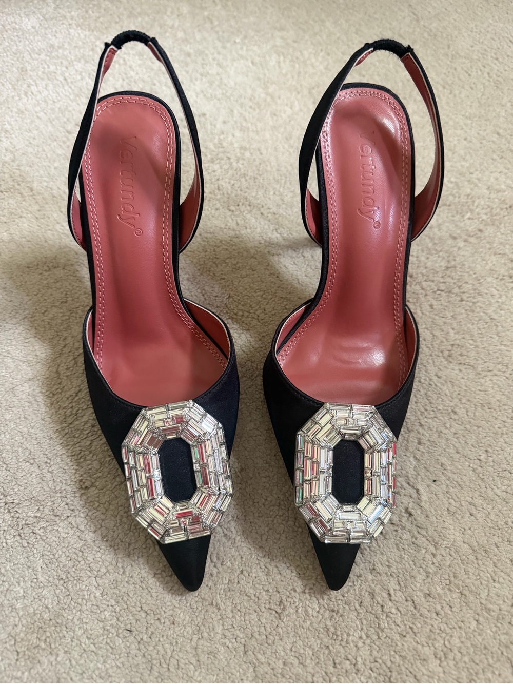 Black Slingback Pointed Toe Pumps with Crystal Buckle